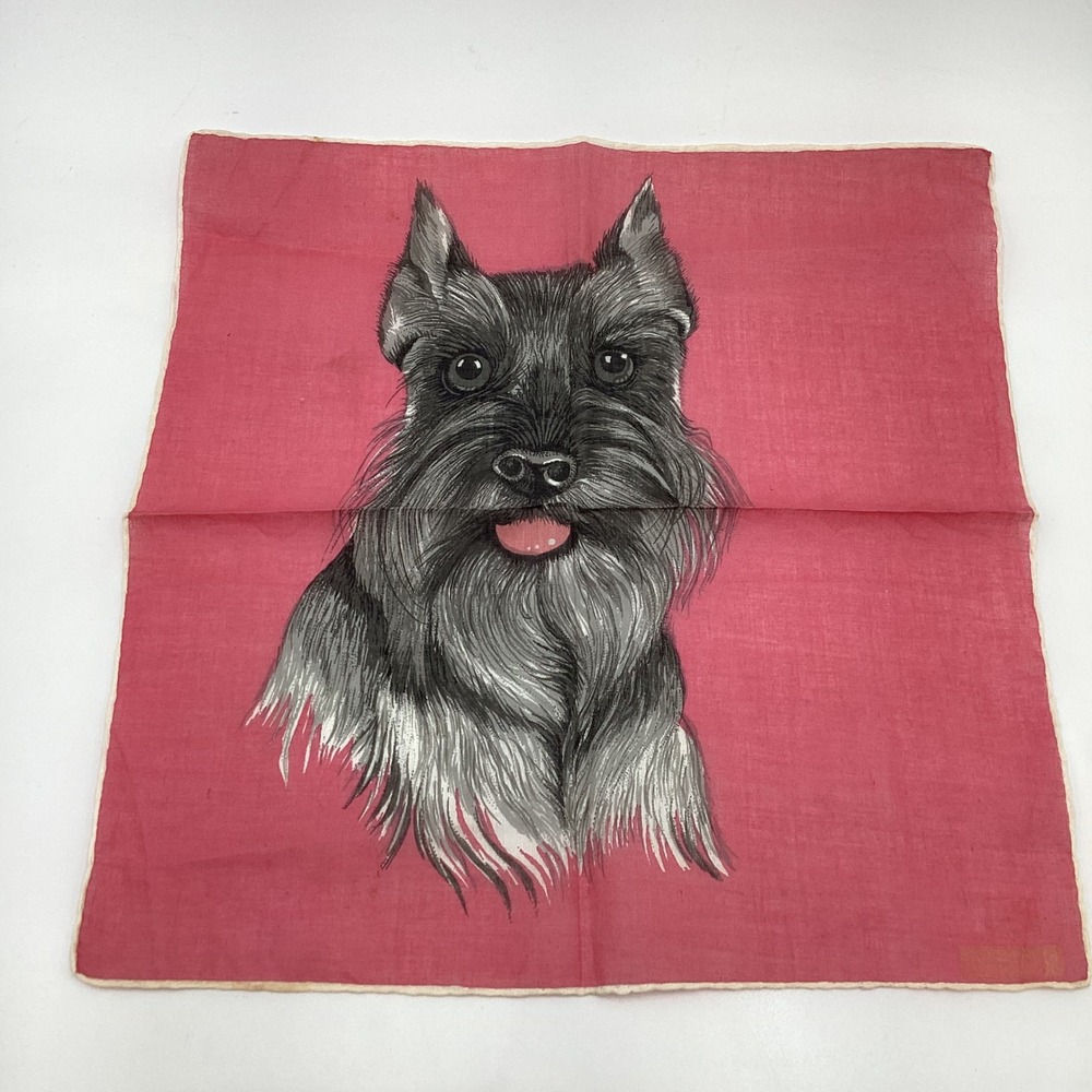 Vintage Handkerchief Dog Print Schnauzer Pink Red Cotton Scarf Bandana